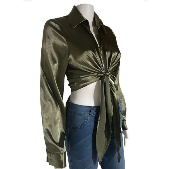 SHEIN Green Silk Like Wrap Blouse SZ S Shirt TOP Bishop Sleeves - Picture 1 of 6